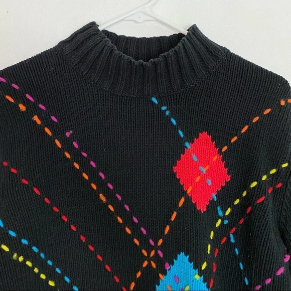 Vintage 90s Argyle Pullover Sweater Mockneck Oversized Womens Size Medium Black - Picture 3 of 16